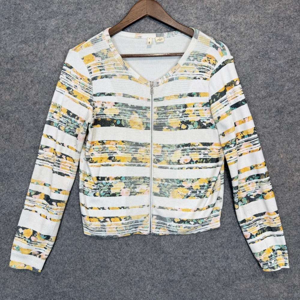 MOTH Anthropologie Floral Zip Cardigan Sweater Womens Small Striped Knit Yellow